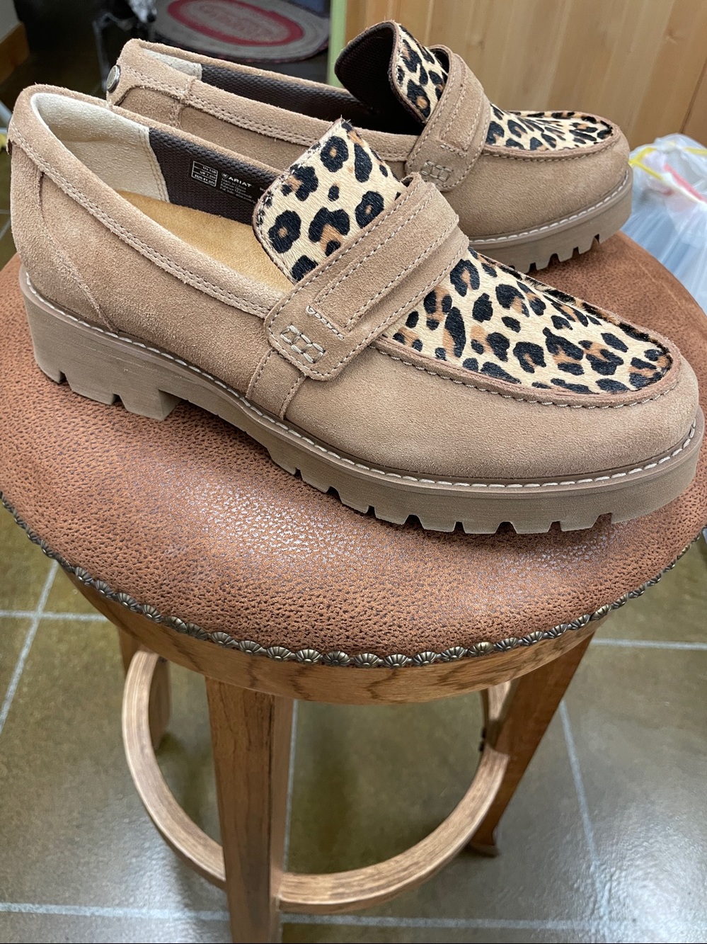 Ariat Leopard Print Suede Penny Loafers in Tan and Black - Picture 2 of 4